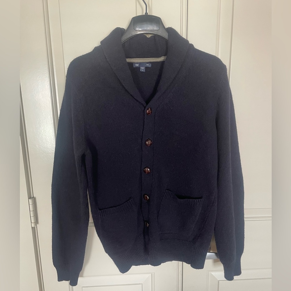GAP Men's Dark Blue Cardigan with Shawl Collar small